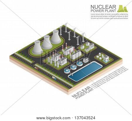 Isometric Nuclear power plant on the white background, vecor