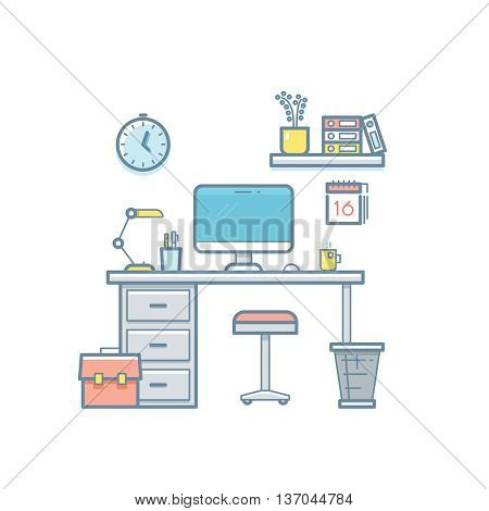 Workspace with desktop computer. Web coder workplace tools, software equipment, workspace for developer thin line flat vector interior illustration