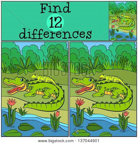 Children Games: Find Differences. Mother Alligator With Her Little Cute Baby Alligator.