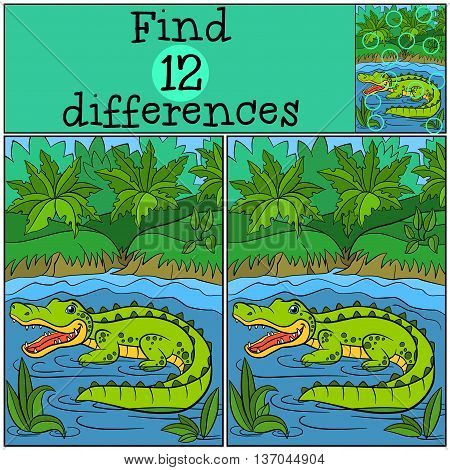 Children Games: Find Differences. Little Cute Alligator.