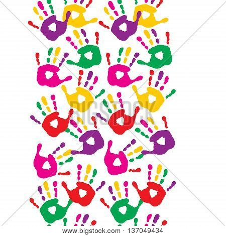 The seamless pattern with a colorful handprints