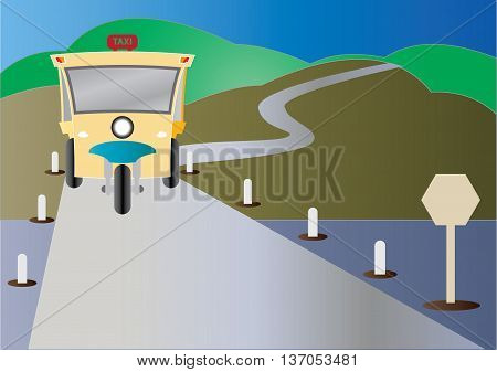 Modern design of Tuktuk with road from mountain