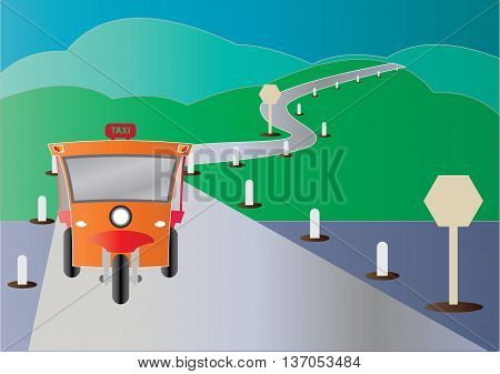 Modern design of Tuktuk with road from mountain