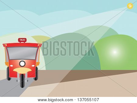 Modern design of Three wheel Motor or Tuktuk with road from mountain season colour of mountain