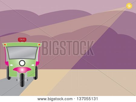 Modern design of Three wheel Motor or Tuktuk with road from mountain season colour of mountain