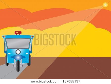 Modern design of Three wheel Motor or Tuktuk with road from mountain season colour of mountain
