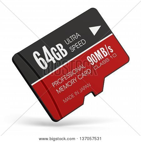 3D render illustration of high speed 64 GB3D render illustration of high speed 64 GB Class10 professional MicroSD flash memory card for usage in smartphones, tablet computer PC, mobile phones, photo cameras and other devices isolated on white background