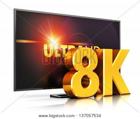 3D render illustration of 8K UltraHD resolution TV cinema or computer PC monitor display isolated on white background with reflection effect