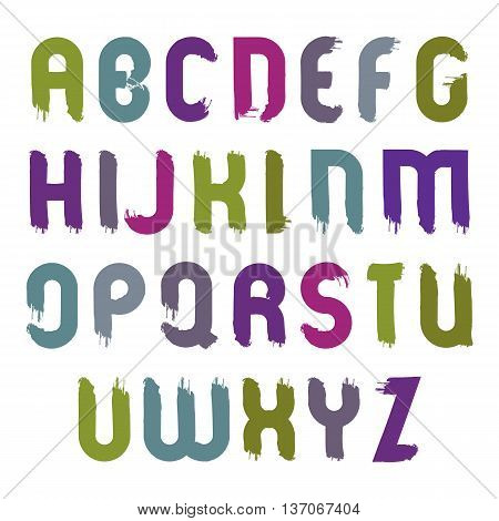 Vector bright alphabet capital letters set hand-drawn colorful script smeared drop caps drawn with ink brush cartoon multicolored acrylic font.