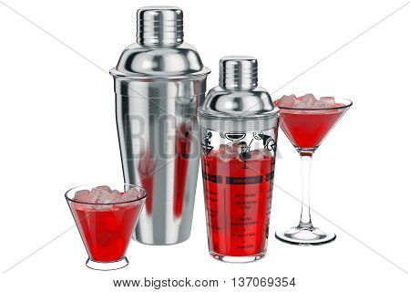 Cocktail shaker with glass cup ice inside. 3D graphic
