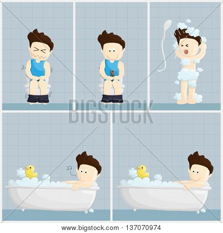 bath toilet shower time salary man cartoon lifestyle illustration.
cartoon salary man lifestyle in different emotions and activities.