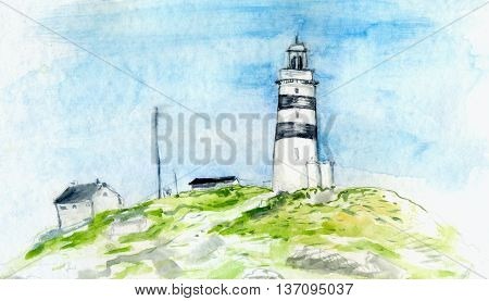 Watercolor painting of landscape with lighthouse and small houses. Scandinavian scenery