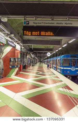 Stockholm, Sweden - March 31,  2016: Stockholm subway. Interior of Radhuset station. Radhuset metro station.