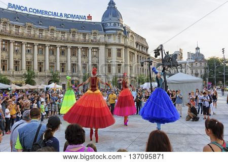 Bucharest Romania - June 10 2016: Ballerinas show at B-FIT in the Street. B-FIT is a cultural event that involves international artists and acrobats who act in theater plays on street.