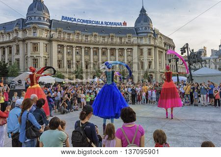 Bucharest, Romania - June 10, 2016: Ballerinas show at B-FIT in the Street. B-FIT is a cultural event that involves international artists and acrobats who act in theater plays on street.