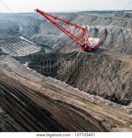 Dragline on open pit coal mine in Russia