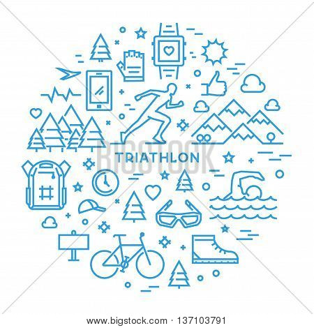 Line round concept for triathlon. Vector linear prints on T-shirts for triathlon. Open path.