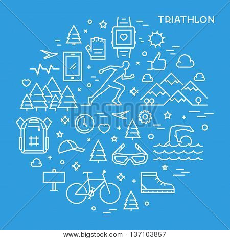 Line round concept for triathlon. Vector linear prints on T-shirts for triathlon. Open path.