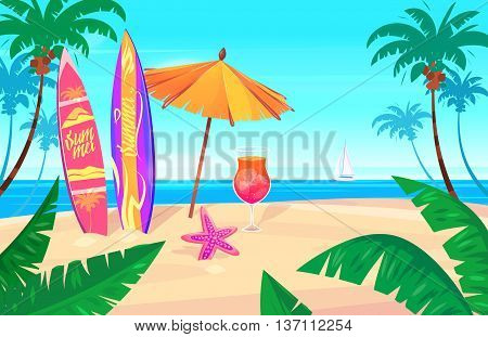 Holidays by the sea. landscape with a view of the ship into the sea and islands. Vector design illustration for web design development, natural landscape graphics.