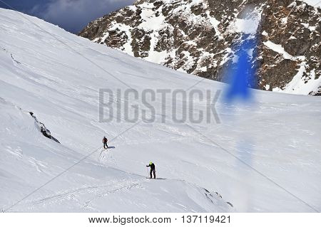 FAGARAS ROMANIA - MARCH 5: Ski mountaineer competes during the Ski Mountaineering National Competition in Fagaras Mountains Carpathian Range on March 5 2016 in Romania.