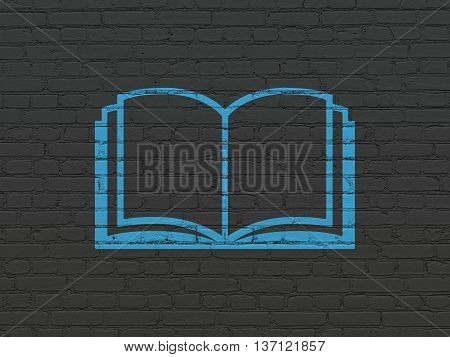 Science concept: Painted blue Book icon on Black Brick wall background