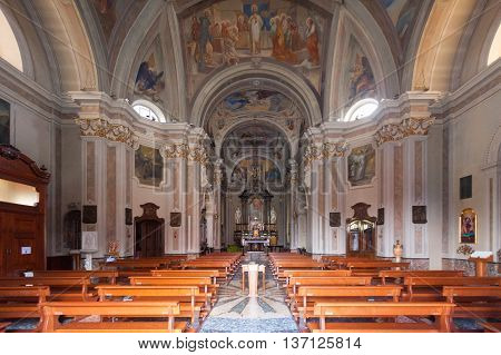 BRUNATE, ITALY - MAY 2016: St. Andrew the Apostle Church is a sacred building site in Brunate, in the province of Como. Scenic arhitectural background. Europe.