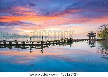 hangzhou scenery sunset glow reflection in west lake China
