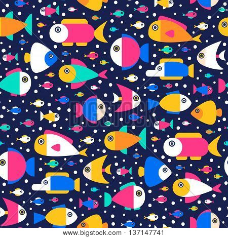 Vector seamless pattern with many different fish and bubble. Bright flat fish on dark background. Yellow pink orange blue white green and navy colors.