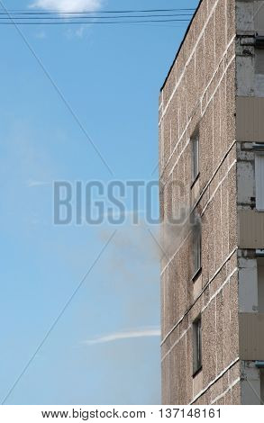 MOSCOW RUSSIA JULY 07. 2016: - Big fire in apartment building on Pavla Korchagina street 7 the early stage