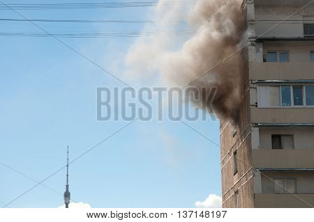 MOSCOW RUSSIA JULY 07. 2016: - Big fire in apartment building on Pavla Korchagina street 7 late stage
