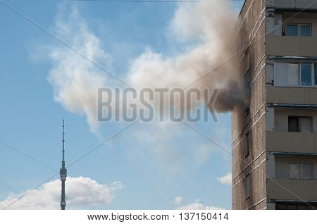 MOSCOW RUSSIA JULY 07. 2016: - Big fire in apartment building on Pavla Korchagina street 7 late stage
