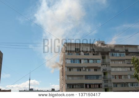 MOSCOW RUSSIA JULY 07. 2016: - Big fire in apartment building on Pavla Korchagina street 7 late stage