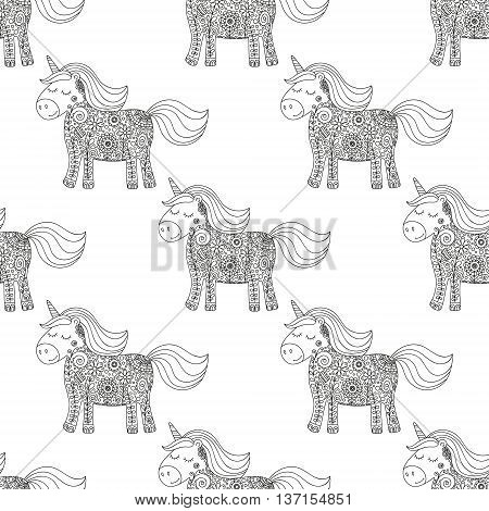 Cute doodle unicorn. Vector seamless pattern with hand drawn little pony. Nice unicorn with floral ornament and dots. Sweet doodle design for babies and kids.
