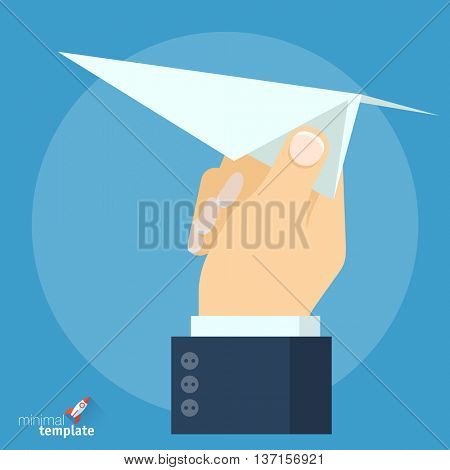 Flat design vector hand with paper plane icon. Mock up for application interface, presentation and web design. The concept template for startup, project, studying or career beginning.