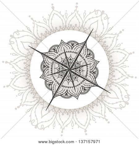 Graphic Wind Rose Compass Drawn With Floral Elements