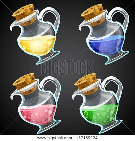 Set of vector cartoon potion bottles. Vial with colorful liquid for game icons. GUI asset.