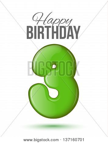 Sample greeting card to the 3 th anniversary. Air 3D red numbers from the figures. Invitation card to the party with balloons on a white background. Suitable for printing, web delivery, the jubilee