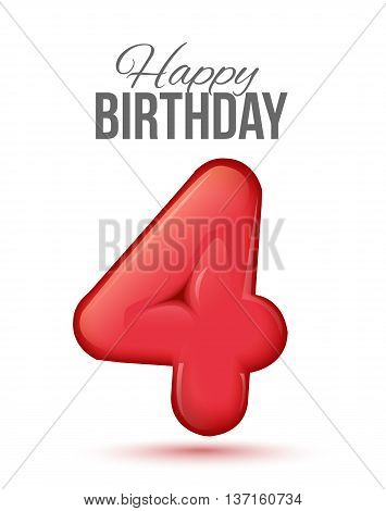 Sample greeting card to the 4 th anniversary. Air 3D red numbers from the figures. Invitation card to the party with balloons on a white background. Suitable for printing, web delivery, the jubilee