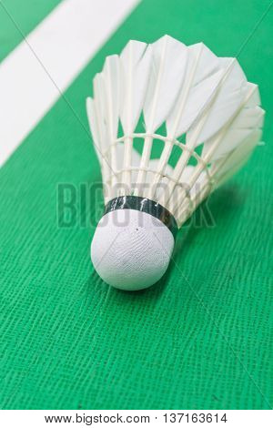 White badminton shuttlecock on a green court with a white line.