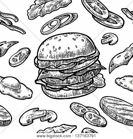 Seamless pattern burger and ingredients include cutlet tomato cucumber and salad. Vector vintage engraving illustration for poster menu web banner info graphic. Isolated on white background.