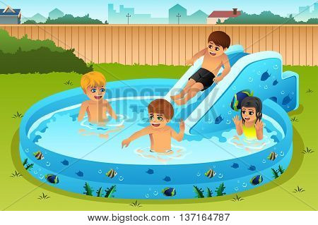 A vector illustration of children playing in inflatable pool in backyard