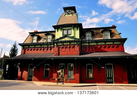 Bennington Vermont -September 18 2014: 1880 N. Bennington Railway Station with a mansard roof and clock tower *