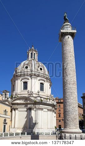 Italy. Rome. Trojan column and churches of Santa Maria di Loreto