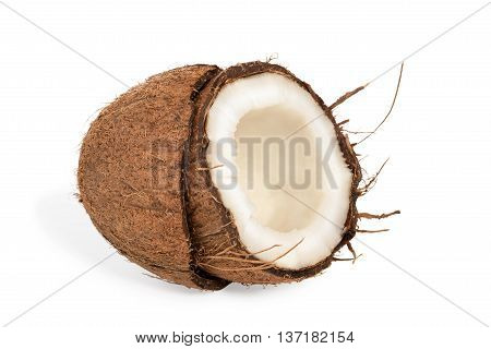Half a coco with pulp inside the coconut shell isolated on white background