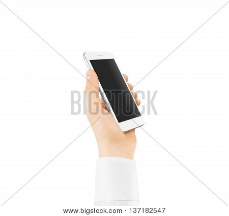 White smart phone blank screen mock up holding in hand. Mockup of smartphone empty display isolated. Cellphone clear monitor hold arm white sleeve shirt. Phone side holding, clipping path.