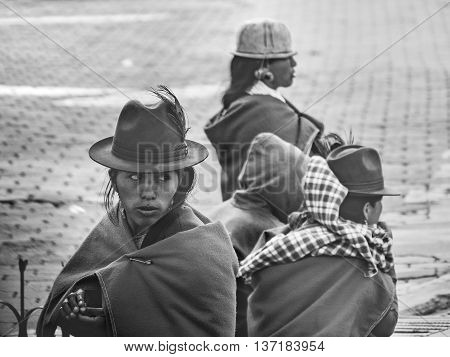 ALAUSI, ECUADOR, OCTOBER - 2015 - Group of native ecuadorian indigenous women dressing traditional clothes in Alausi Ecuador