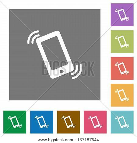 Ringing phone flat icon set on color square background.