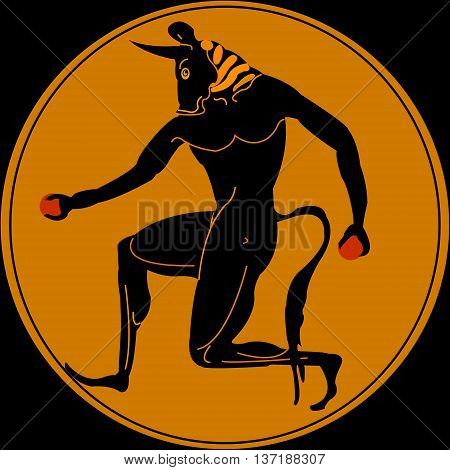 Minotaur - a monster from the ancient mythology of Greece. The man with the head of a bull, which lived on the island of Crete. Vector illustration.