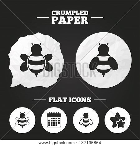 Crumpled paper speech bubble. Honey bees icons. Bumblebees symbols. Flying insects with sting signs. Paper button. Vector