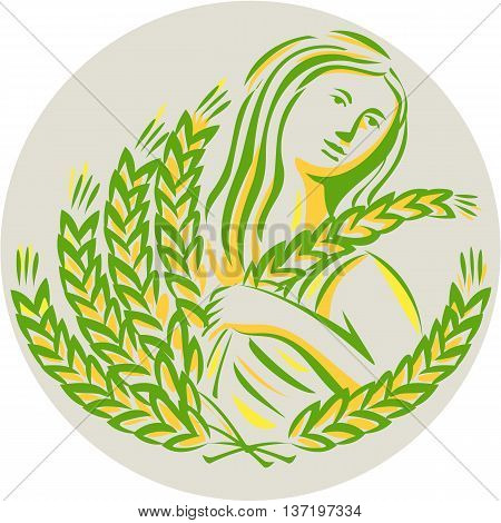 Illustration showing Demeter Greek goddess of the harvest and agriculture who presided over grains and fertility holding wheat grain looking to the side viewed from front set inside circle done in retro style.